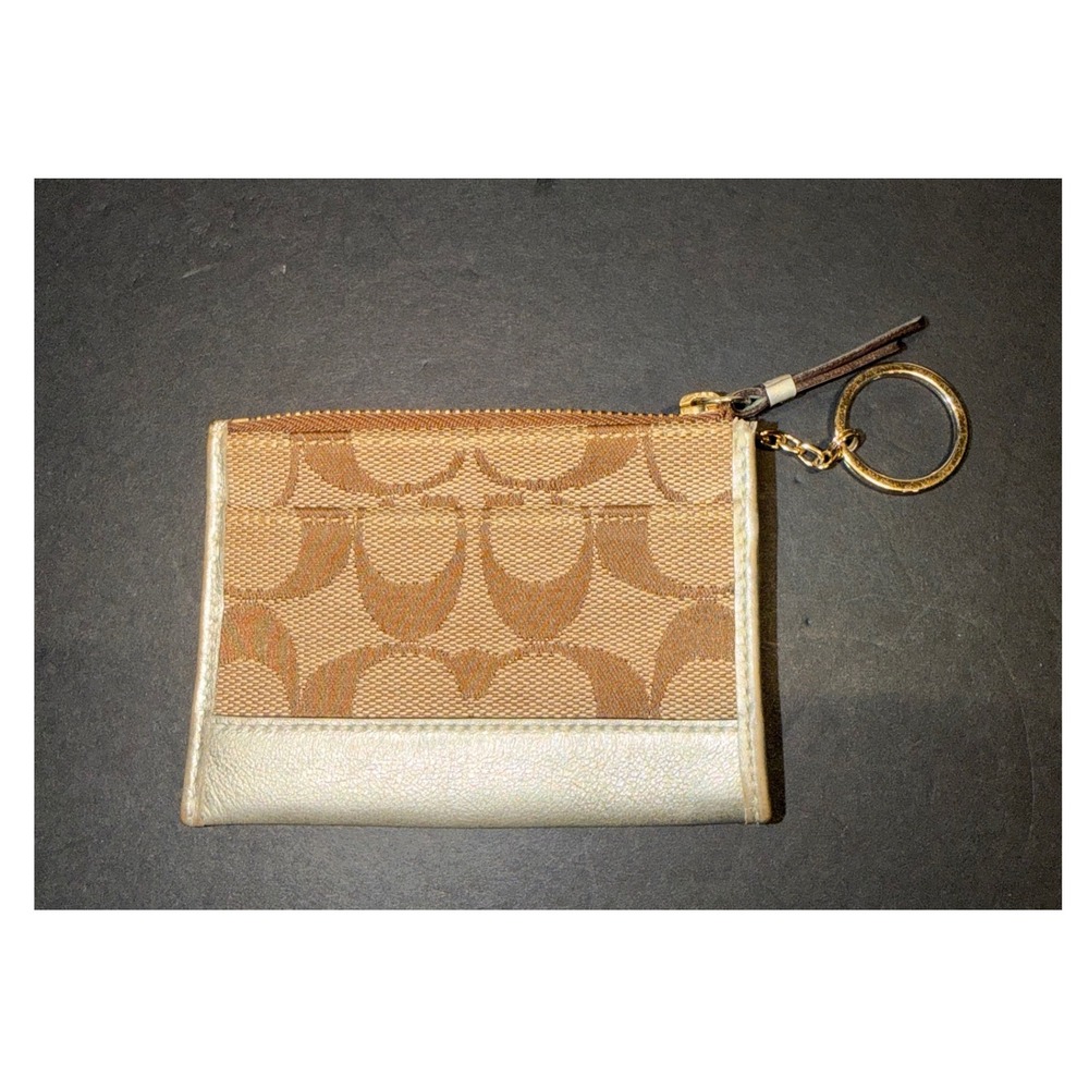Coach Signature Monogram Mini Skinny ID Case Khaki Gold Metallic Leather Trim